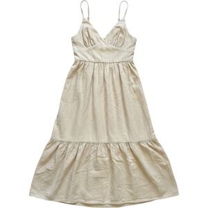 Jopea Beige Linen Blend Midi Dress V-Neck Tiered Ruffle Hem Tie Back Small